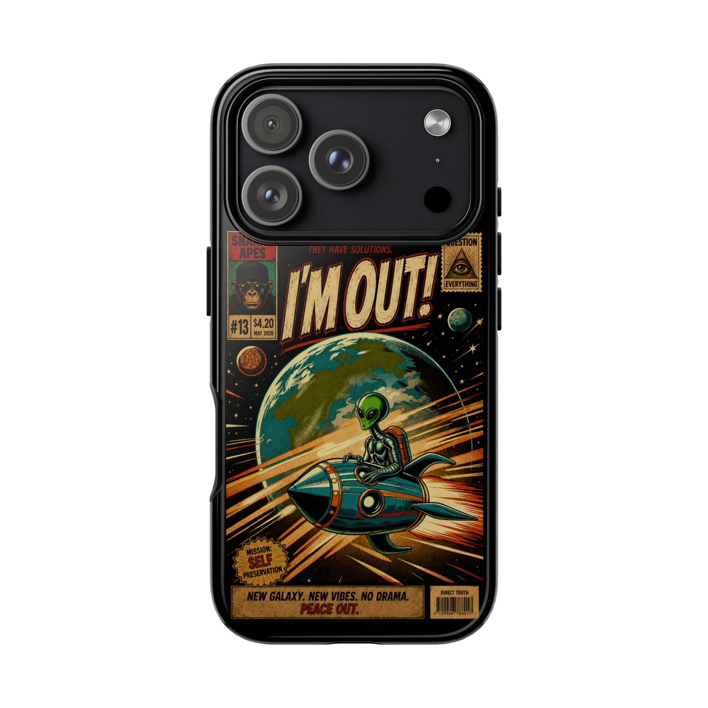Phone Case — Retro Sci‑Fi 'I'm Out!' Alien Rocket Design