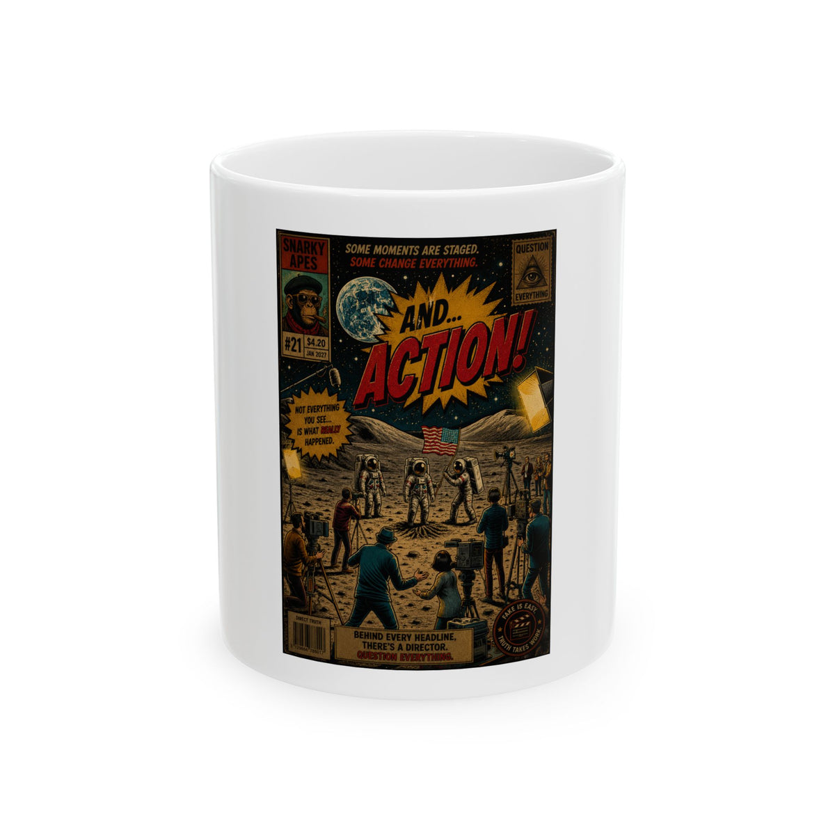 Vintage Comic '...And Action!' Ceramic Mug — Retro Sci‑Fi Coffee Cup (11oz/15oz)