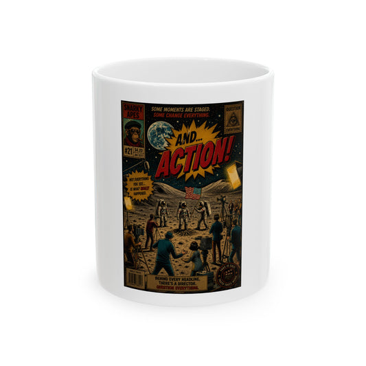 Vintage Comic '...And Action!' Ceramic Mug — Retro Sci‑Fi Coffee Cup (11oz/15oz)