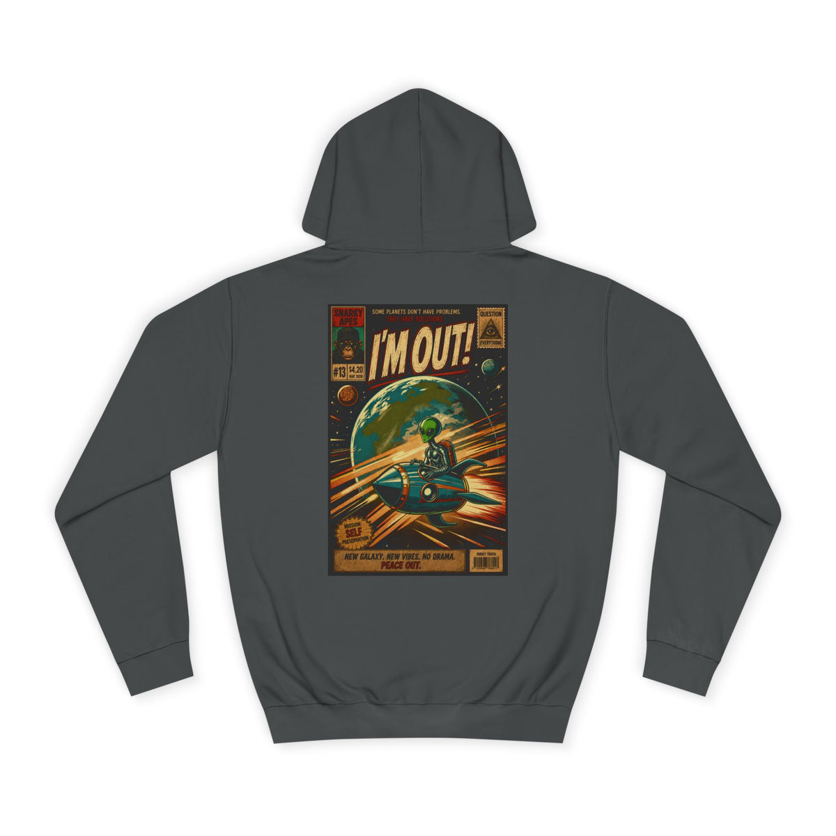 College Hoodie — Retro Sci‑Fi 'I'm Out!' Spaceship Graphic