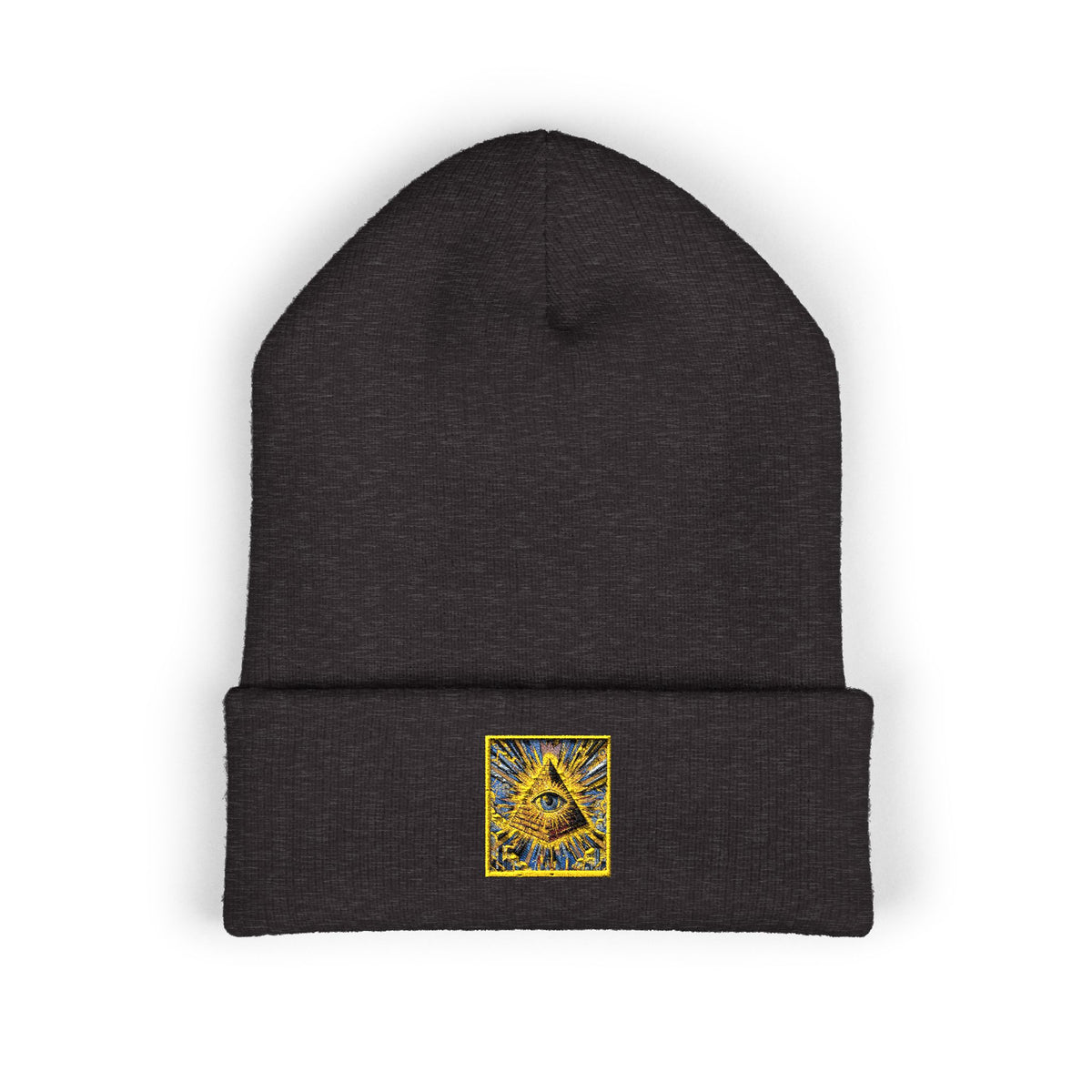 Embroidered Gold Pyramid Beanie — Minimalist Geometric Cuffed Knit Hat