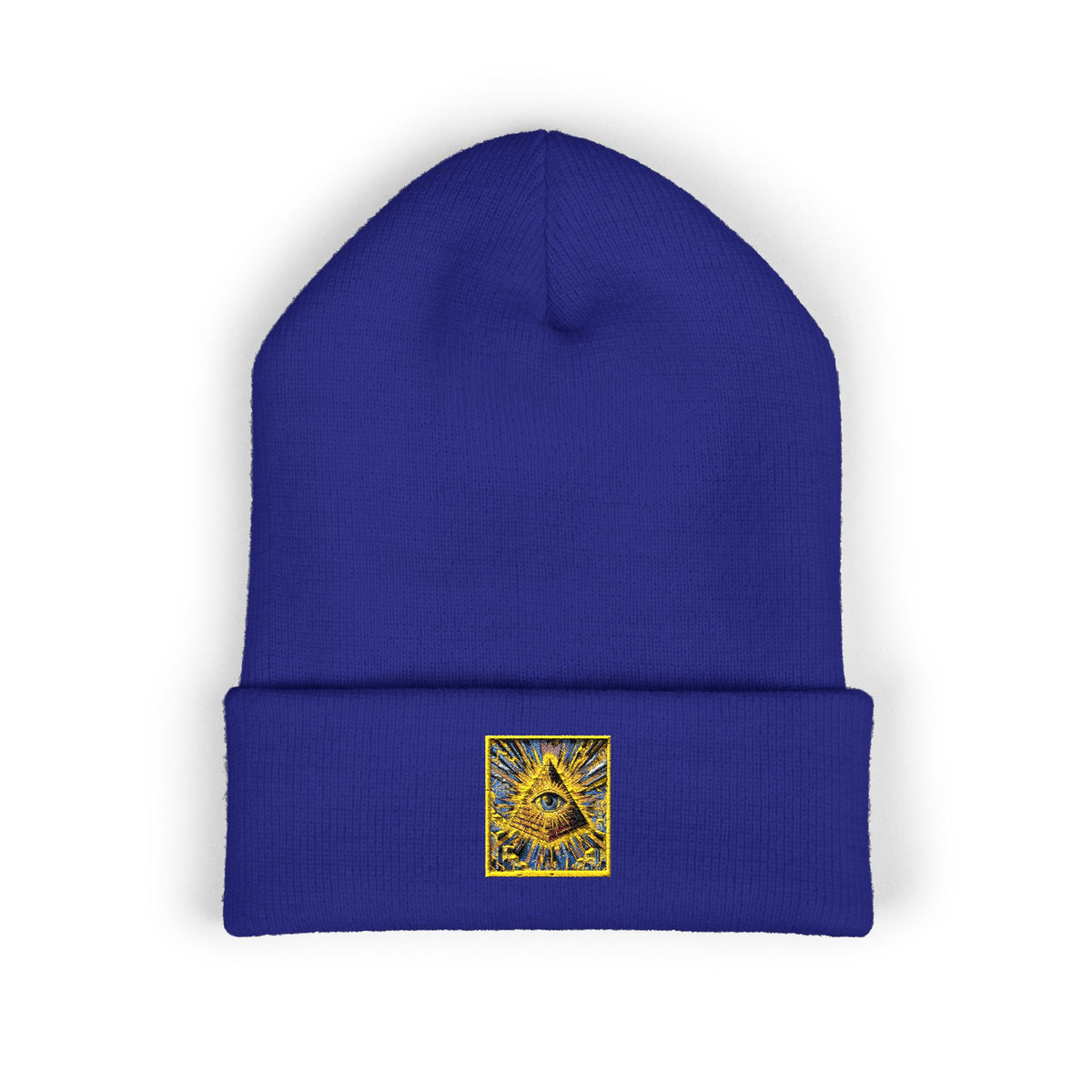 Embroidered Gold Pyramid Beanie — Minimalist Geometric Cuffed Knit Hat