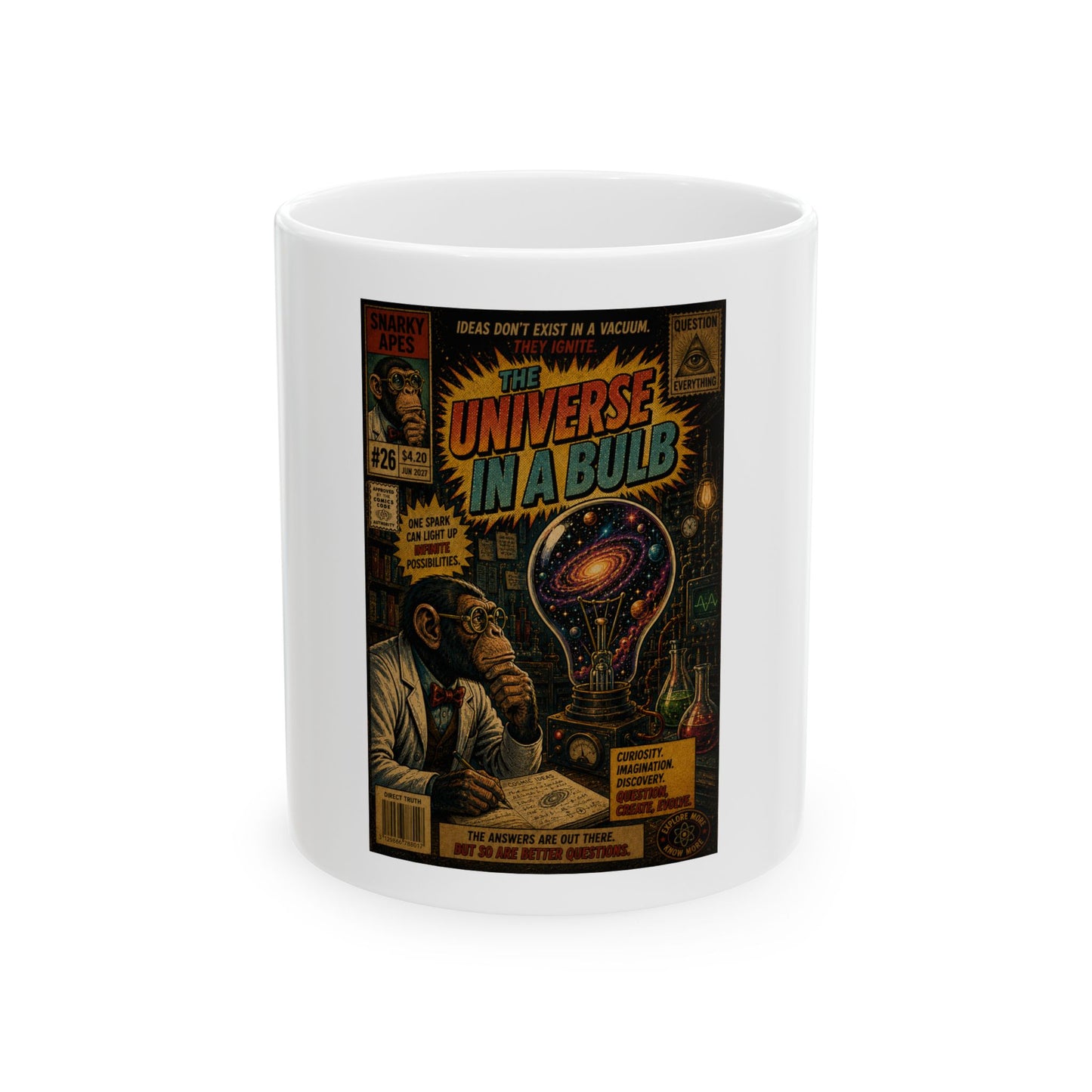 Universe in a Bulb Vintage Sci‑Fi Ceramic Mug — Retro Comic Art Coffee Cup