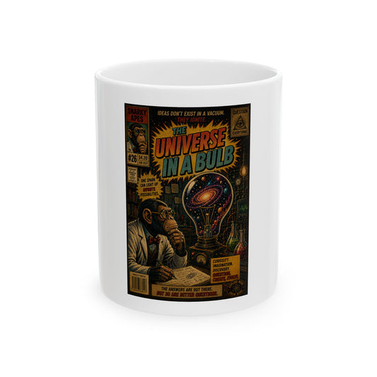 Universe in a Bulb Vintage Sci‑Fi Ceramic Mug — Retro Comic Art Coffee Cup