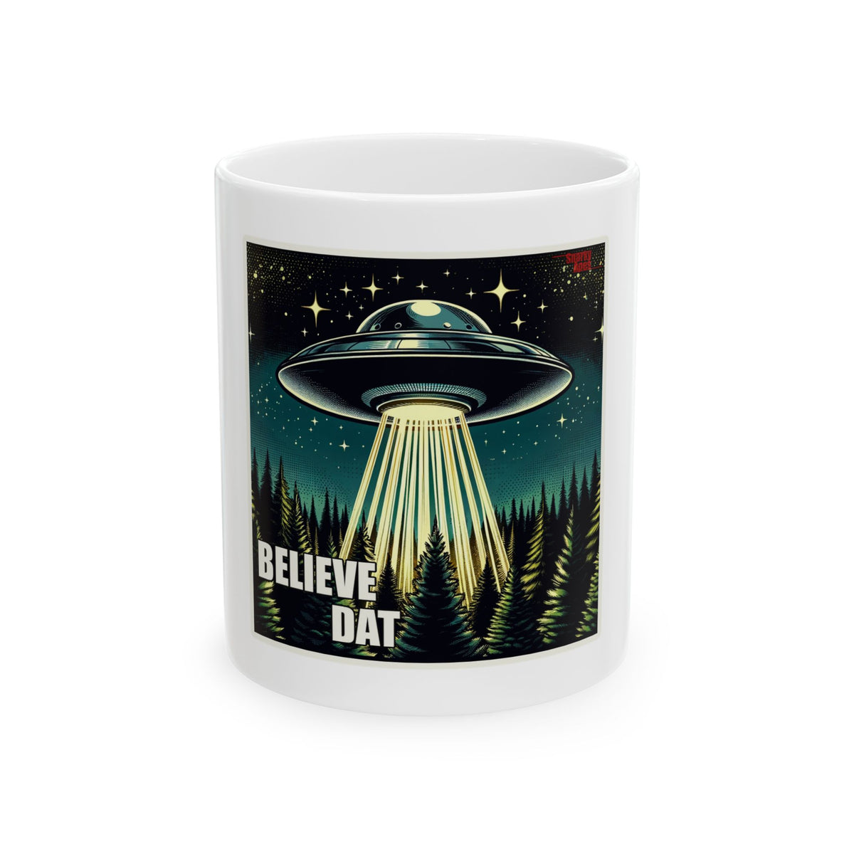 Alien Abduction Ceramic Mug — “Believe Dat” UFO Coffee Cup (11oz & 15oz)
