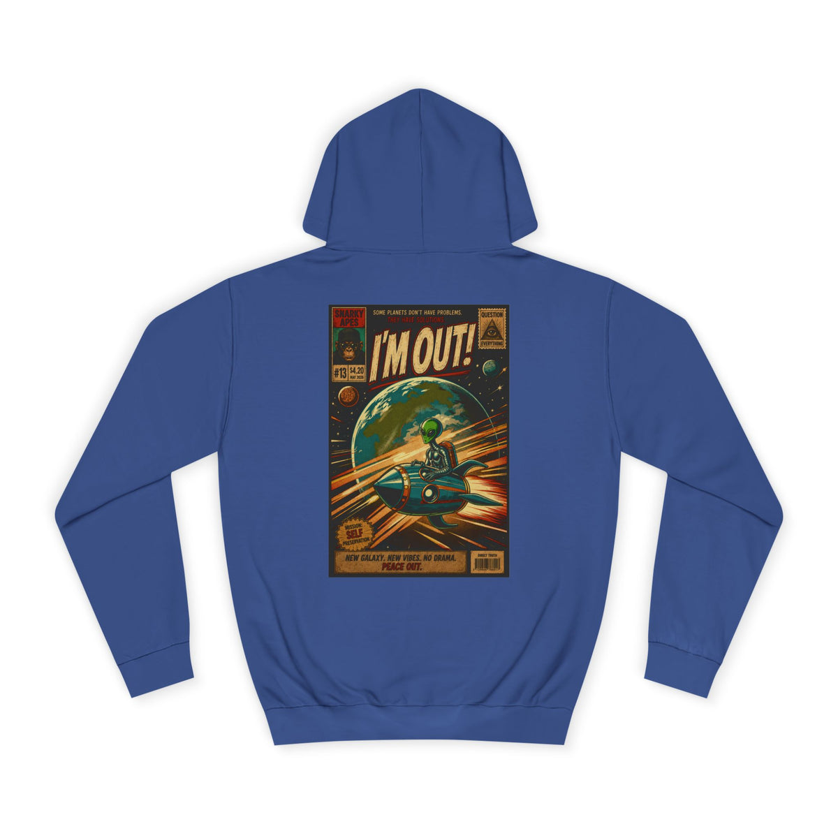 College Hoodie — Retro Sci‑Fi 'I'm Out!' Spaceship Graphic