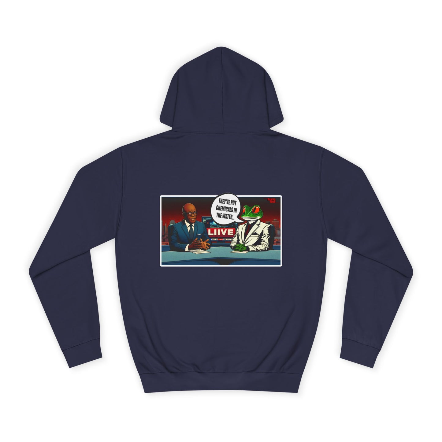 College Hoodie — Retro ‘Live’ News Anchor Graphic Hooded Sweatshirt