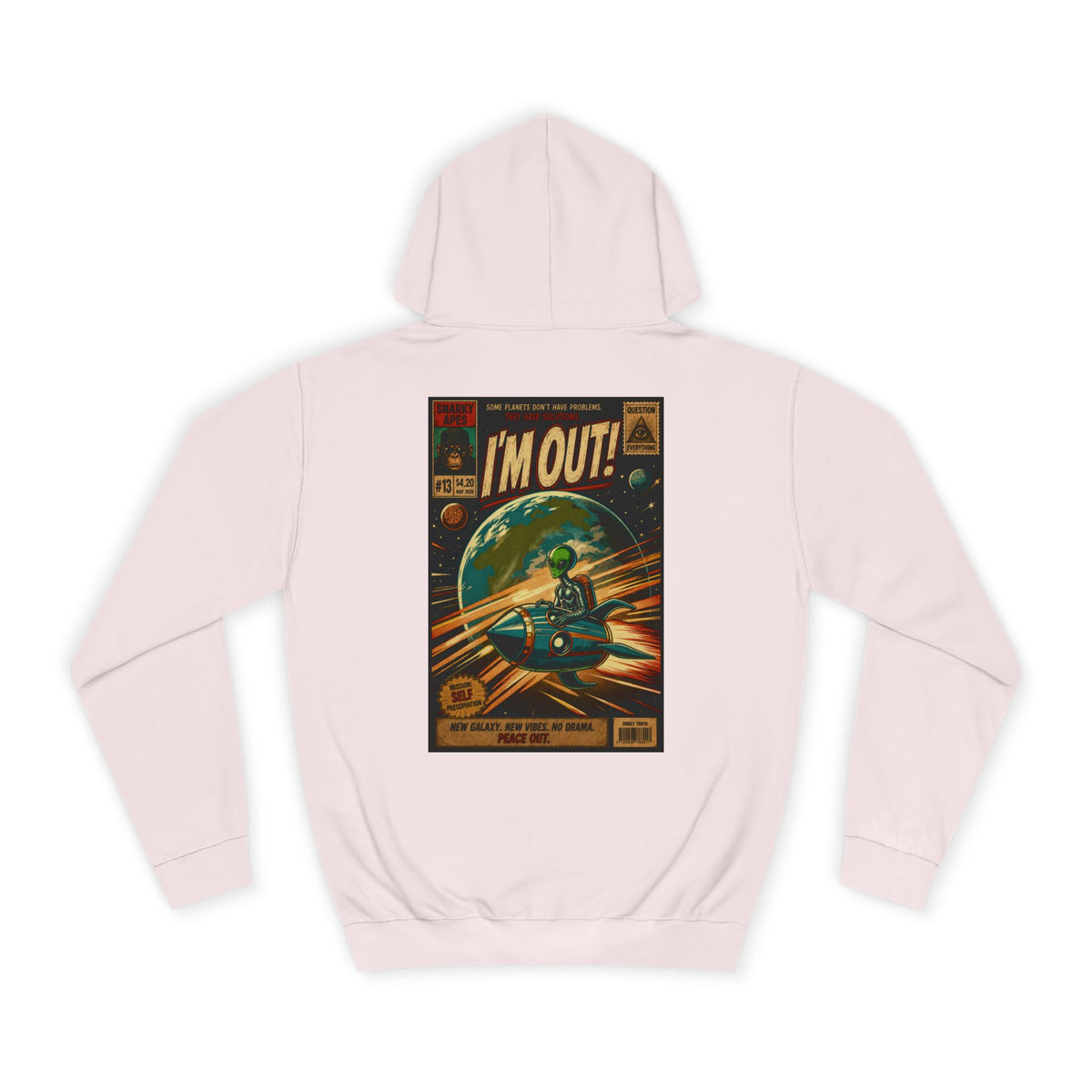 College Hoodie — Retro Sci‑Fi 'I'm Out!' Spaceship Graphic