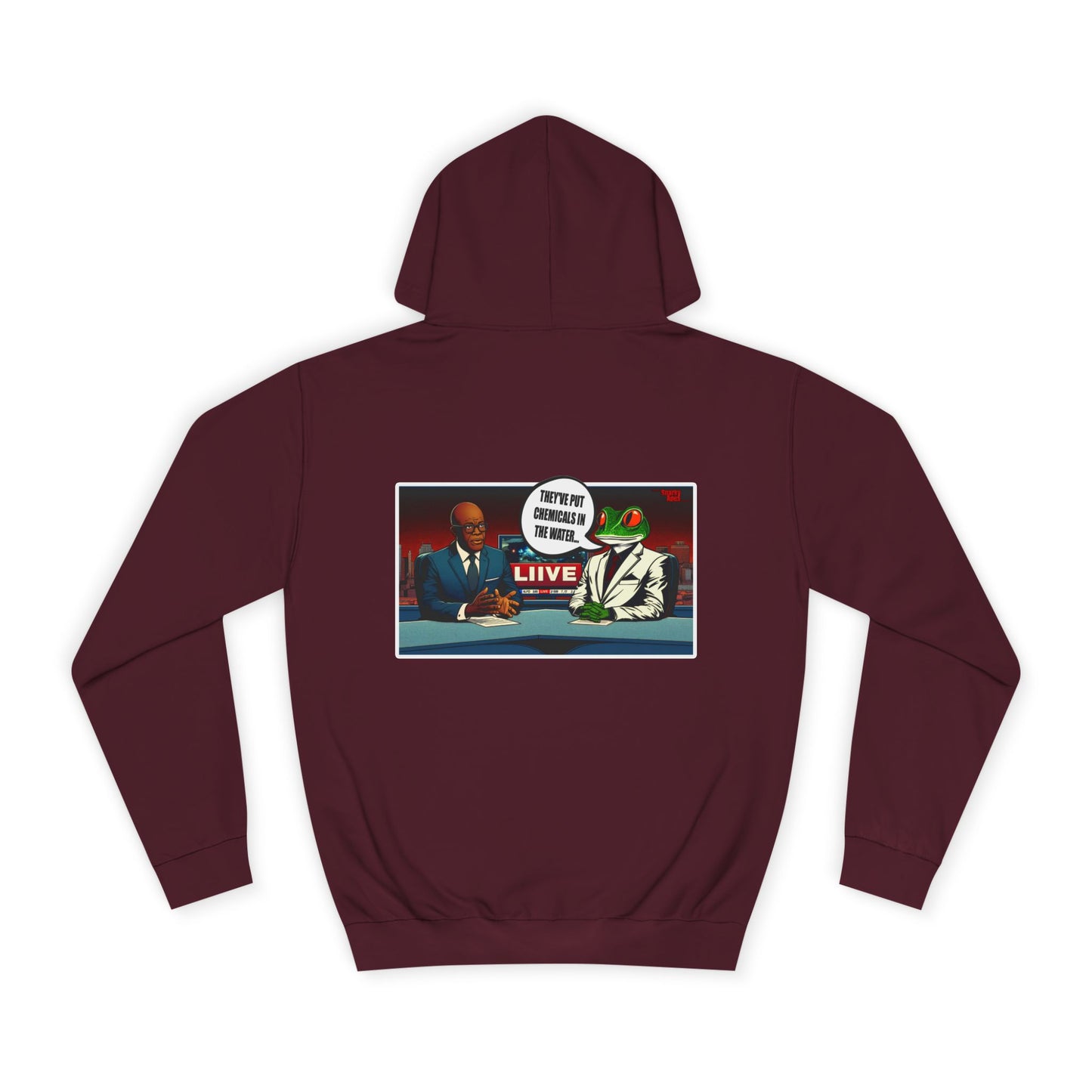 College Hoodie — Retro ‘Live’ News Anchor Graphic Hooded Sweatshirt