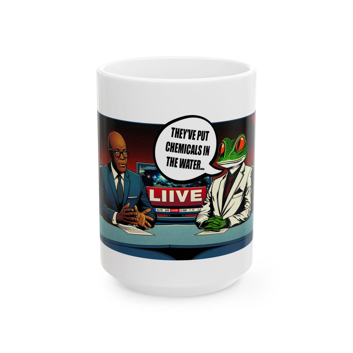 Ceramic Mug - 'They've Put Chemicals in the Water' Frog News Anchor Coffee Cup (11oz, 15oz)
