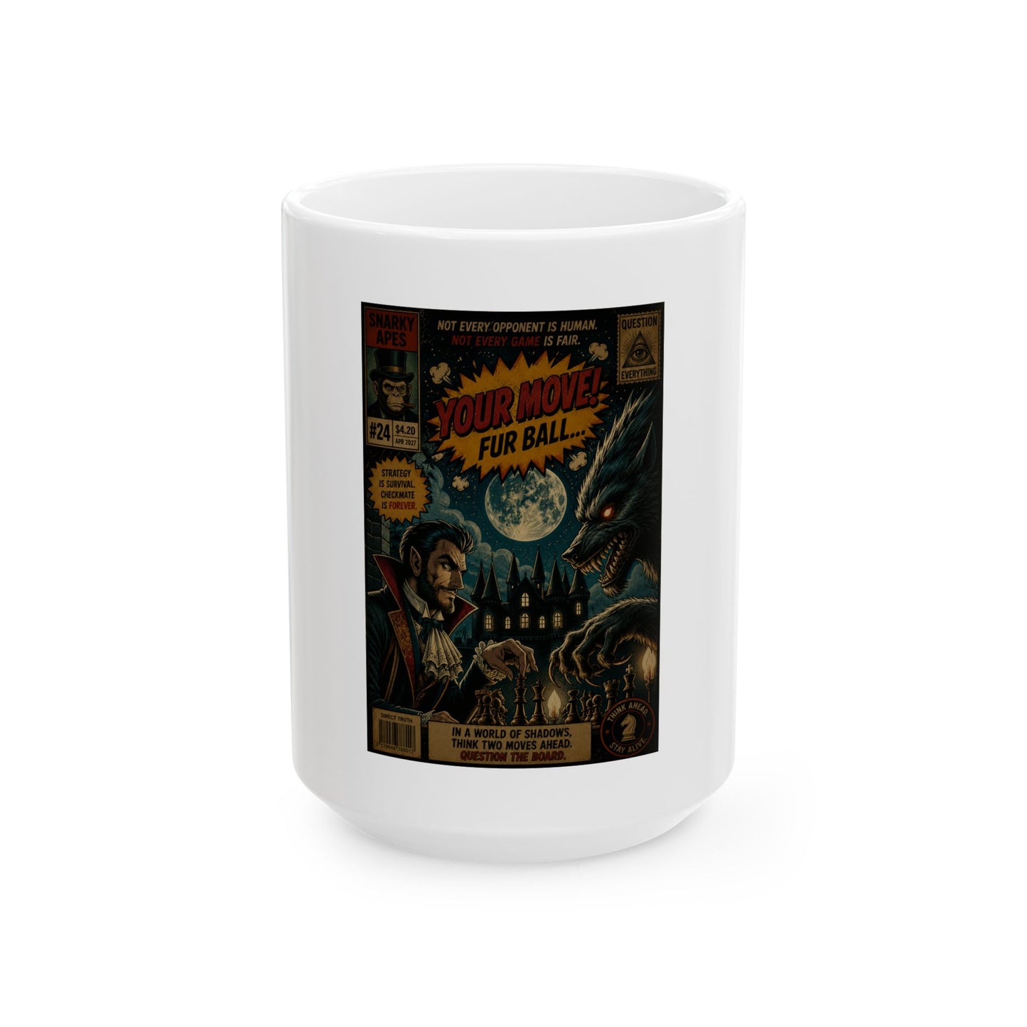 Werewolf Comic Ceramic Mug – “Your Move, Fur Ball” Retro Horror Coffee Cup