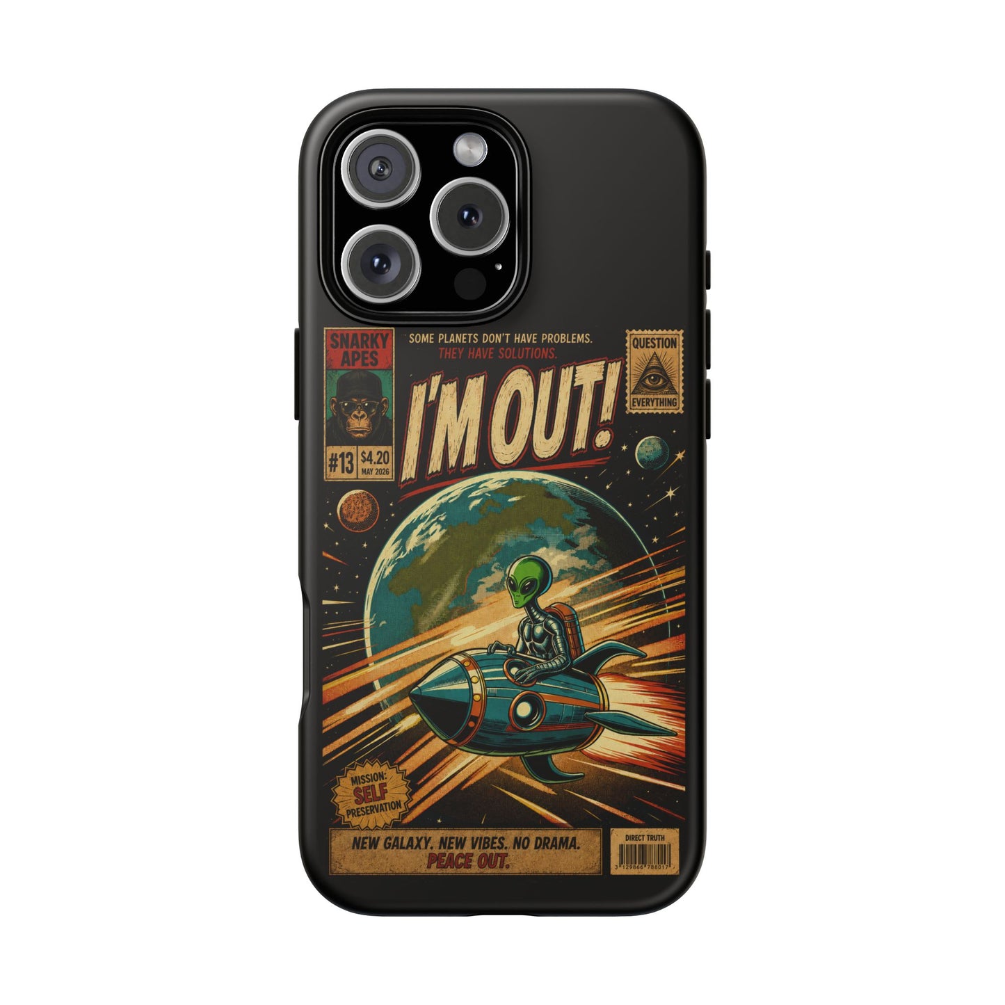 Phone Case — Retro Sci‑Fi 'I'm Out!' Alien Rocket Design