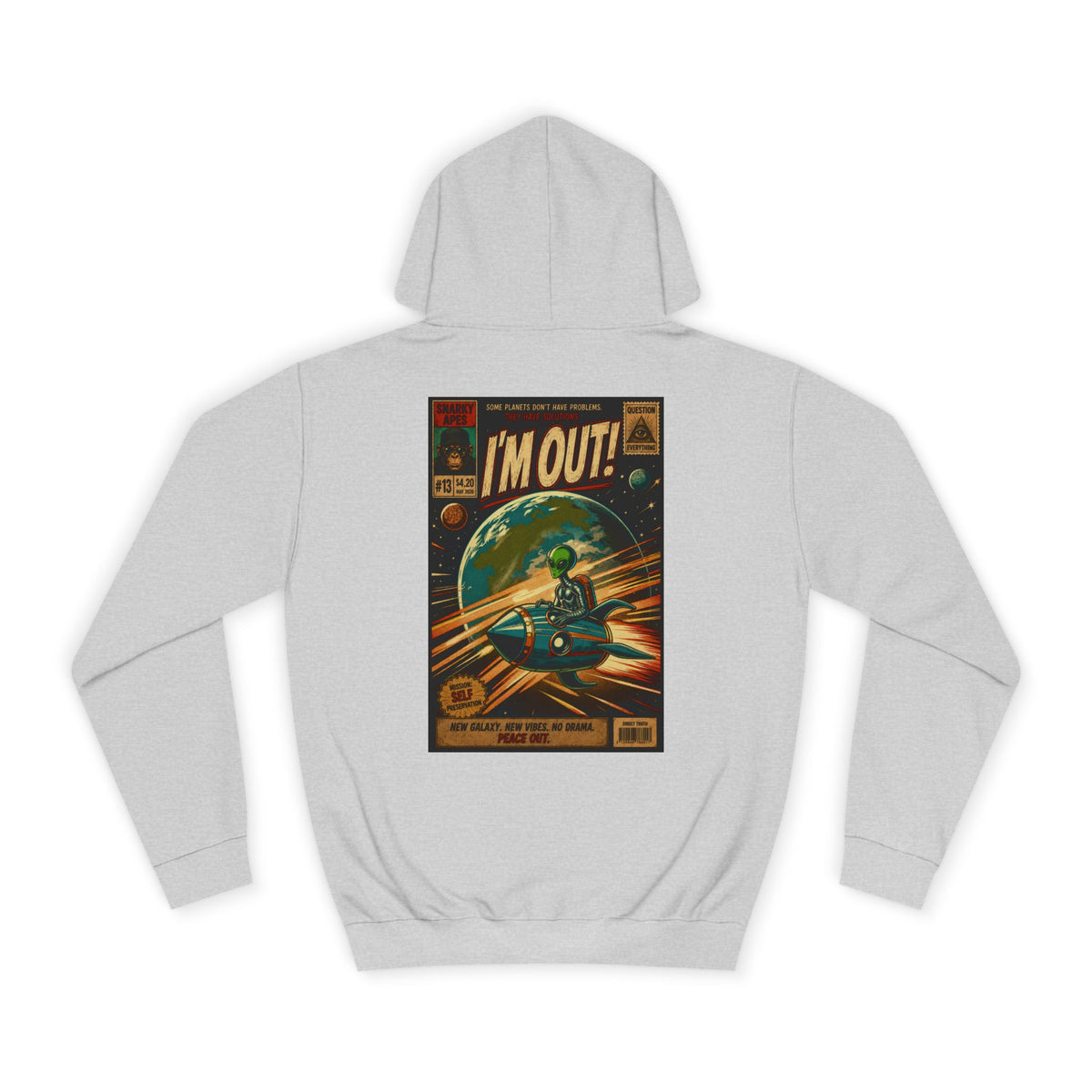 College Hoodie — Retro Sci‑Fi 'I'm Out!' Spaceship Graphic