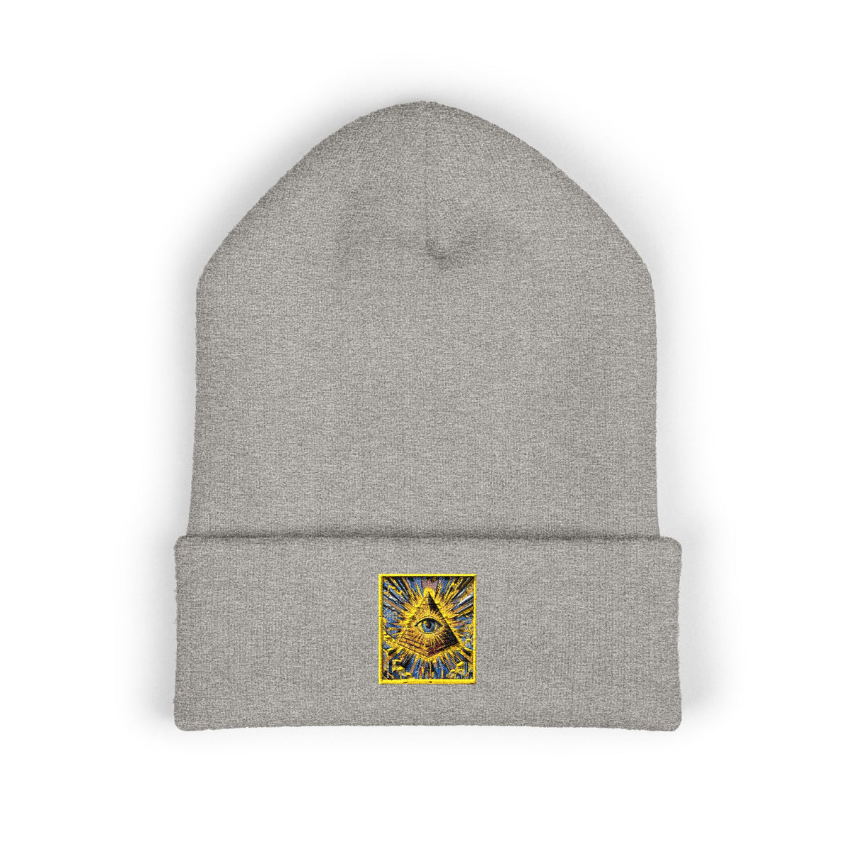 Embroidered Gold Pyramid Beanie — Minimalist Geometric Cuffed Knit Hat