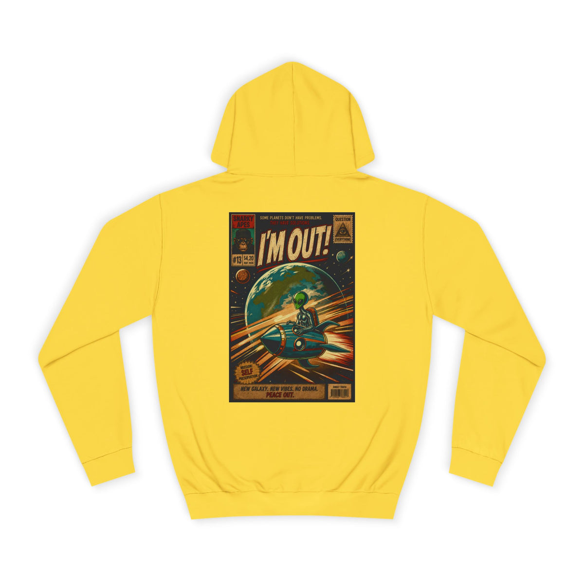 College Hoodie — Retro Sci‑Fi 'I'm Out!' Spaceship Graphic