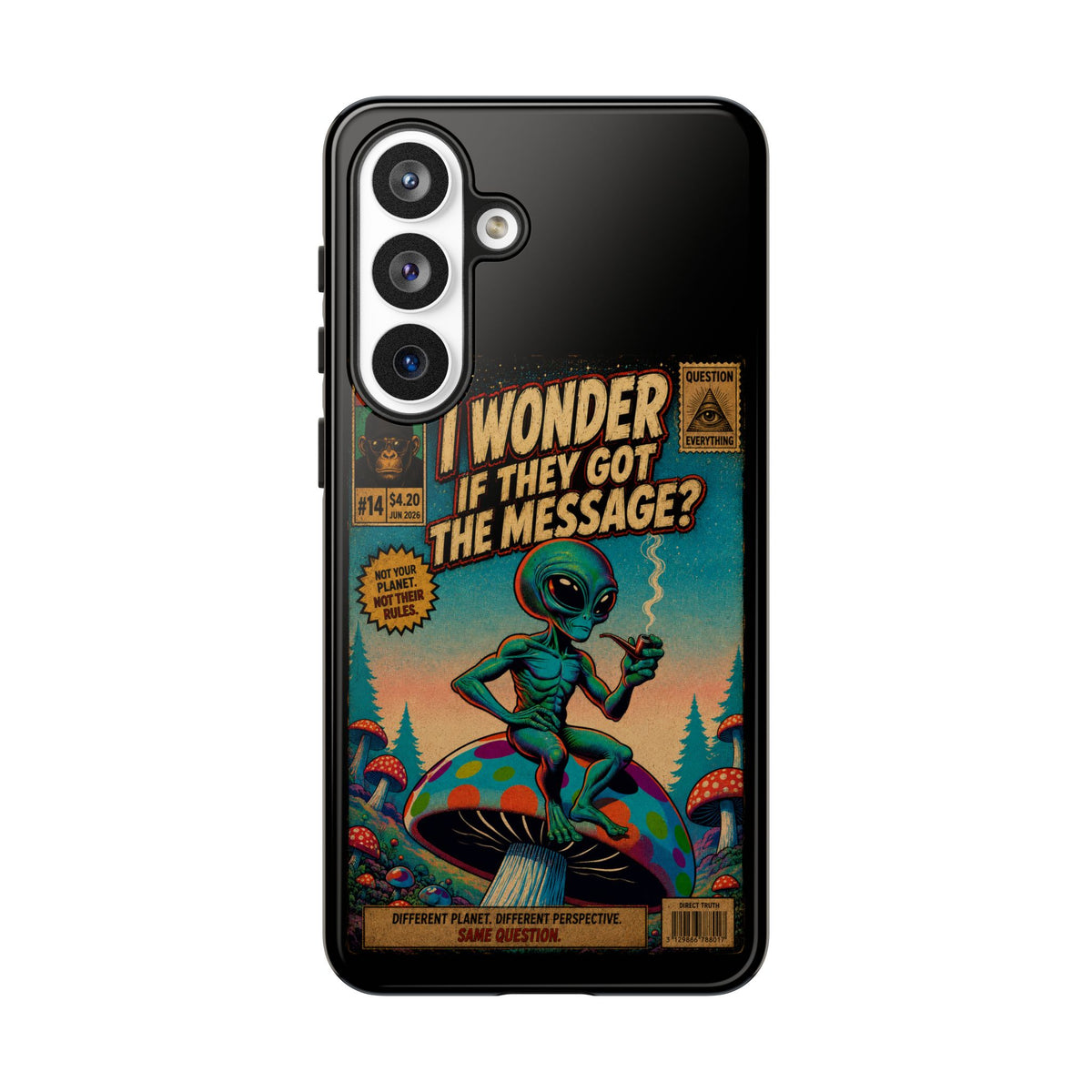 Alien Comic Phone Case — “I Wonder If They Got the Message?” Retro UFO Design