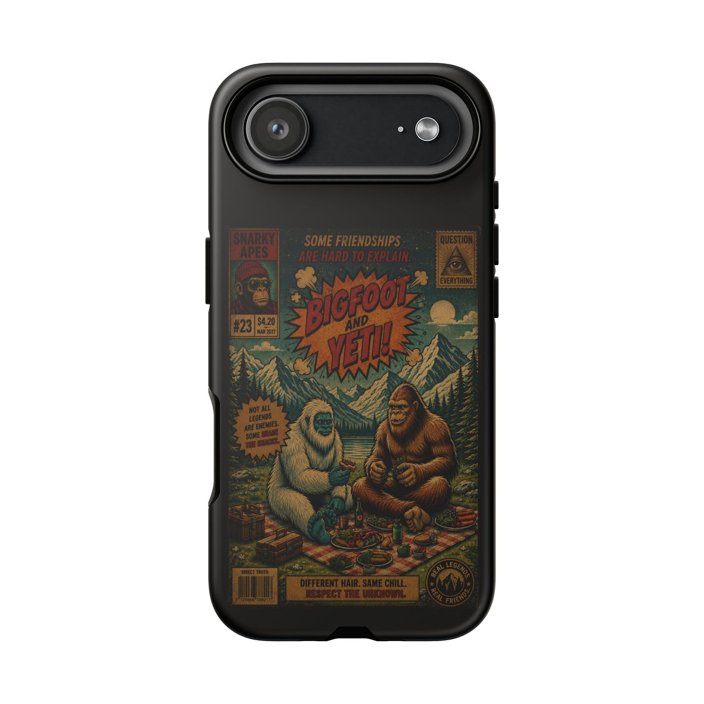 Bigfoot and Yeti Comic Phone Case — Retro Cryptid Illustration Tough Case